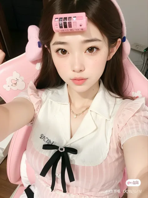 there is a woman with a pink hair comb and a pink hat, Ulzzang, menina kawaii bonito, linda Delphine, Ruan Vtuber Fofo, Fotografia selfie 8k, Sakimichan, wan adorable korean face, kawaii retrato realista, com bonito - fino - rosto, muito bonita gatinha fof...