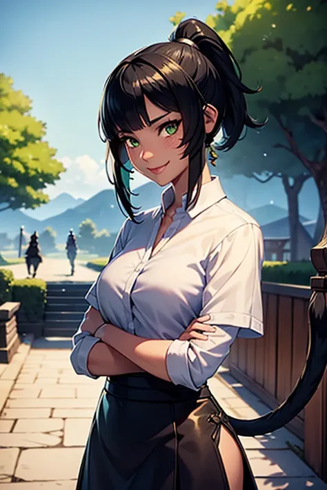 1girl, Miqote Final Fantasy 14, wears  Samourai Job, Samourai Clothes, Crossing arms, Black hair , Green eyes, Ponytail, Black skin tone, in a casino, cat tail; Portrait, smiling face, tribal mark, outdoor scene,