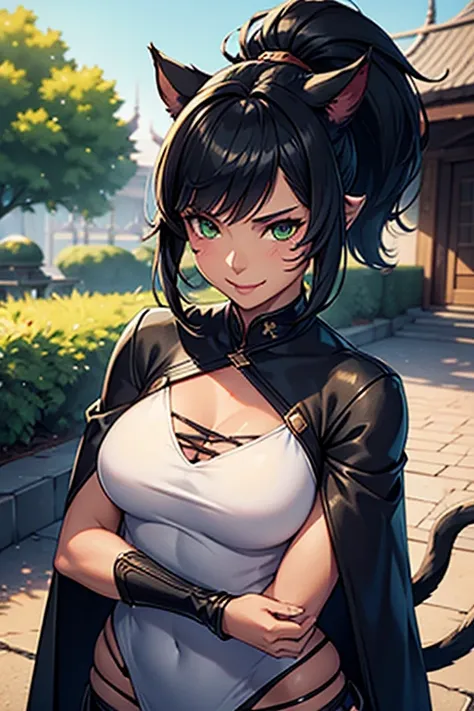 1girl, Miqote Final Fantasy 14, wears  Samourai Job, Samourai Clothes, Crossing arms, Black hair , Green eyes, Ponytail, Black skin tone, in a casino, cat tail; Portrait, smiling face, tribal mark, outdoor scene,