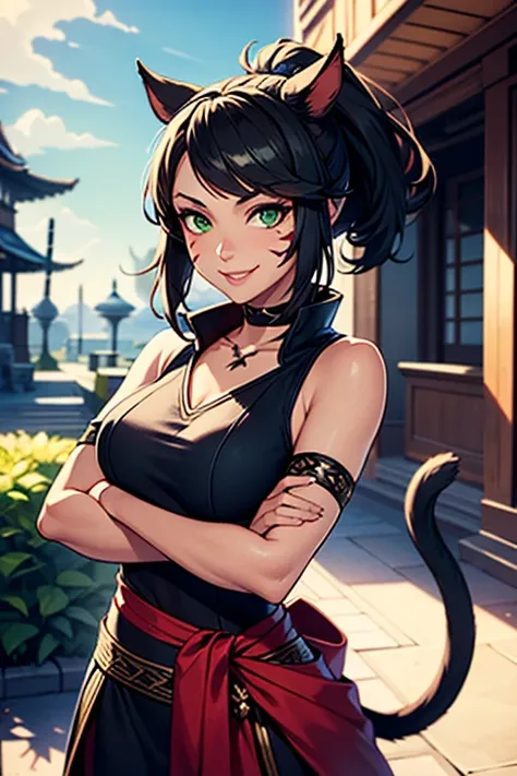 1girl, Miqote Final Fantasy 14, wears  Samourai Job, Samourai Clothes, Crossing arms, Black hair , Green eyes, Ponytail, Black skin tone, in a casino, cat tail; Portrait, smiling face, tribal mark, outdoor scene,