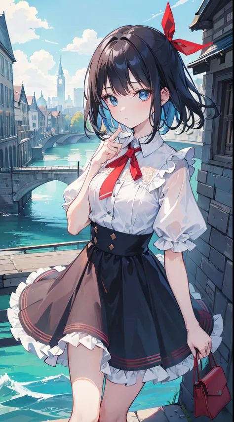 1girll,bangs,black_Hair,Blue_sky,bridge,Building,Castle,City,Cityscape,Cloud,day,dress,Looking_at_peeping at the viewer,Outdoors,Red_neckwear,Red_ribbon,ribbon,River,short_Hair,short_Sleeves,sky,skyscraper,Solo,standing,Town,water,(Masterpiece,anime,newest...