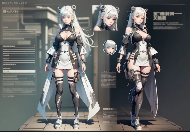 Japanese manga style character sheet of cyberpunk girl, front side and back, full body, white and black background, detailed, intricate