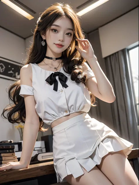 ((from below)), a young girl, beautiful girl, 校服, jk_lure_dress3, white color blouse, black short skirt, cropped shoulders, slim...