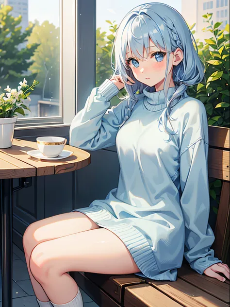 1girl in,Light Blue Medium Hair,Tying hair,Light blue eyes,Cute,blush,medium breasts⁩, knitwear, long knit socks, miniskirt, date, cafeteria, terrace seats