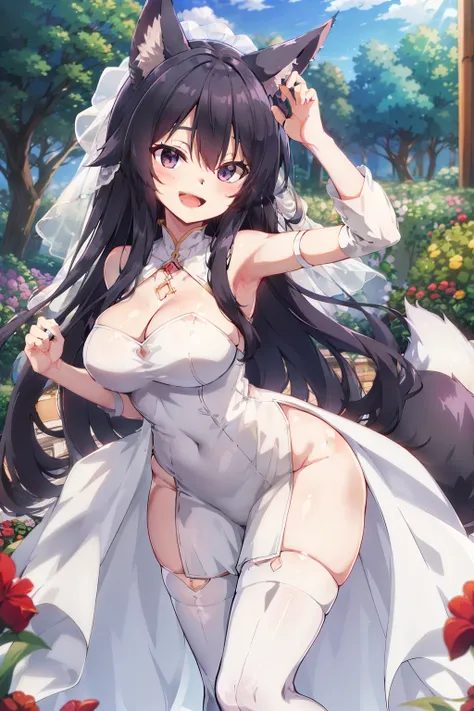 masterpiece, best quality, highres, aarurutie,1girl, wedding dress, white dress, standing, garden, smile, open mouth, Delta, long black hair, fox ears, black eyes, fox tails