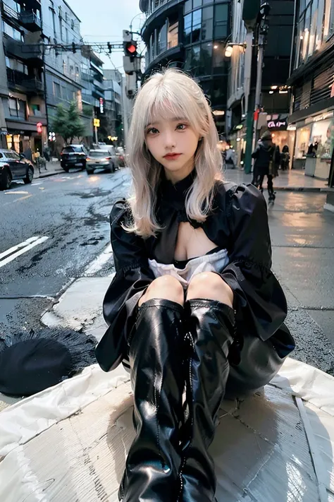 ((((City Background)))),(((Photorealsitic))) ,((Realistic)),(((Black costume))),(de pele branca),((White hair color)),(((Bob Hair))),(((Long boots in black color))),nedium breasts,Clear eyes,Pink teak,Arm Cover,thighs thighs thighs thighs