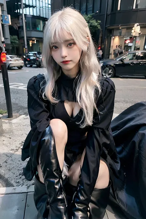 ((((City Background)))),(((Photorealsitic))) ,((Realistic)),(((Black costume))),(de pele branca),((White hair color)),(((Bob Hair))),(((Long boots in black color))),nedium breasts,Clear eyes,Pink teak,Arm Cover,thighs thighs thighs thighs