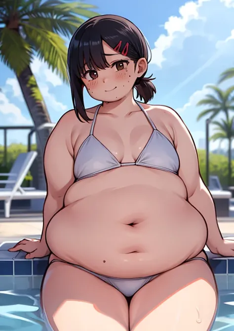 masterpiece, best quality, hi-res,fat kobeni, one girl, solo, brown eyes, medium hair, black hair, hair ornament, hairclip, mole, mole under eye,,, bangs, eyebrows, slingshot bikini, poolside, wet, obese body, fat arms, thick thighs, fat belly, big cheeks,...