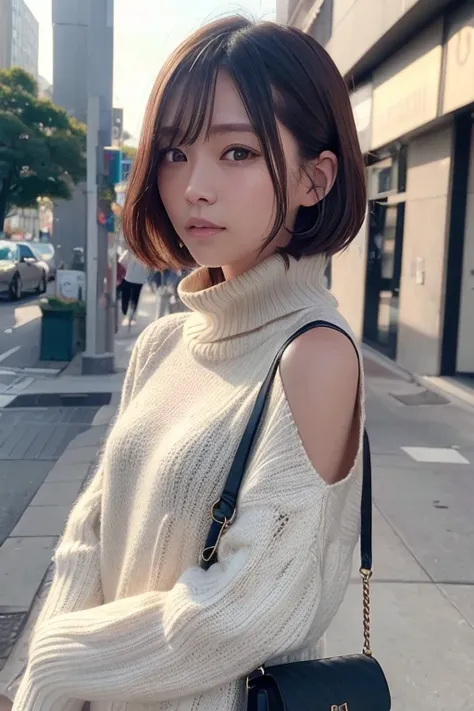 (Turtleneck knitwear、Shoulder bag)、(top-quality,​masterpiece:1.3,超A high resolution,),(ultra-detailliert,Caustics),(Photorealsitic:1.4,RAW shooting,)Ultra-realistic capture,A highly detailed,high-definition16Kfor human skin、 Skin texture is natural、、The sk...