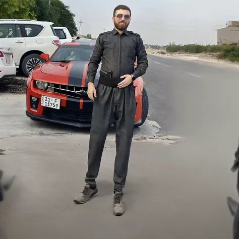 Photo of a 2012 orange Camaro with registration number 11759 Iraq - Sulaimani with a tall blonde girl standing next to it