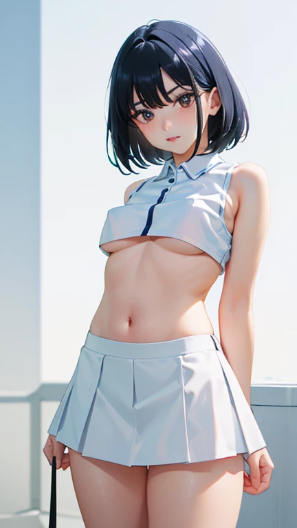 1girl, 独奏, White polo shirt, White sneakers, tennis wear, white mini-skirt, tmasterpiece, Best quality at best, realisticlying, ultra - detailed, (shiny skins, perspired:1.4), looking at viewert, with short black hair, with brown eye,slenderness,Dynamic li...