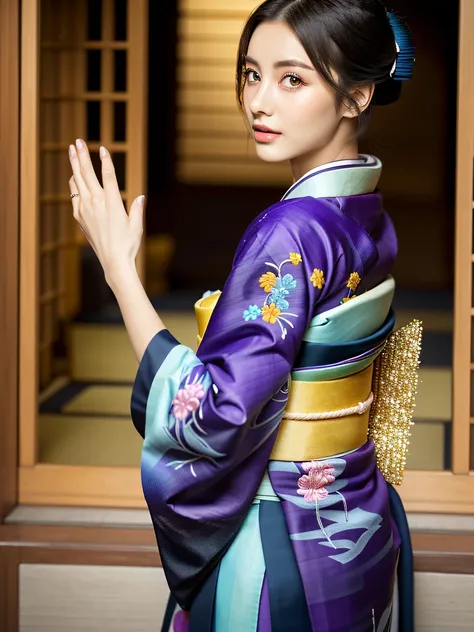 (Beautiful model in Japanese kimono commercial, beautiful straight long black hair), solo, ((face is 80% beauty and elegance, 20% pretty and cute:1.5)), clear eyes, (detailed eyes, light green eyes, bright pupils), Double Eyelids, (sexy lips with a little ...