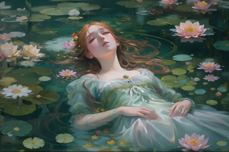 (best quality,8k,a high resolution,tmasterpiece:1.2),an oil painting，《ophelia》dead girl，body floating in water，floating in the f...