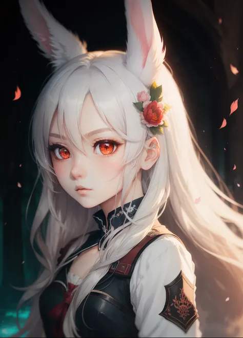 ultra-detailliert、​masterpiece、2D Beautiful Girl、anime illustrated、ultra res,  ((Detailed)), Soft lighting, (Color contrast), Full body front, long white hair, Red eyes, Rabbit ears, Rabbit tail,  battle field,  Looks determined., detailed face、Detailed ey...