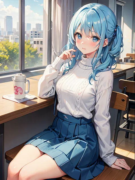 1girl in,Light Blue Medium Hair,Tying hair,Light blue eyes,Cute,blush,medium breasts⁩, knitwear, long knit socks, miniskirt, date, cafeteria, terrace seats