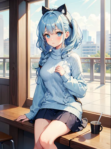 1girl in,Light Blue Medium Hair,Tying hair,Light blue eyes,Cute,blush,medium breasts⁩, knitwear, long knit socks, miniskirt, date, cafeteria, terrace seats