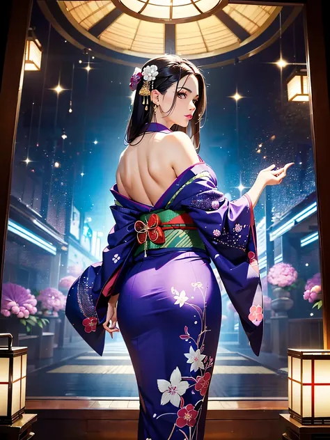 (Beautiful model in Japanese kimono commercial, beautiful straight long black hair), solo, ((face is 80% beauty and elegance, 20% pretty and cute:1.5)), clear eyes, (detailed eyes, light green eyes, bright pupils), Double Eyelids, (sexy lips with a little ...