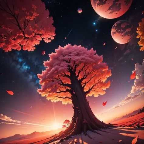 Giant planets，Crimson sky，the ground，A beautiful cherry blossom tree，magma，falling leaf，honkai，fragmented