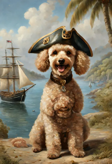 professional painting by Alfred Parsons of a single poodle dog in pirate hat and boots. The cat has exited expression. There is a tropical island in background far away. It is summer morning time and clear weather. cinematic focus on the cat, dynamic pose,...