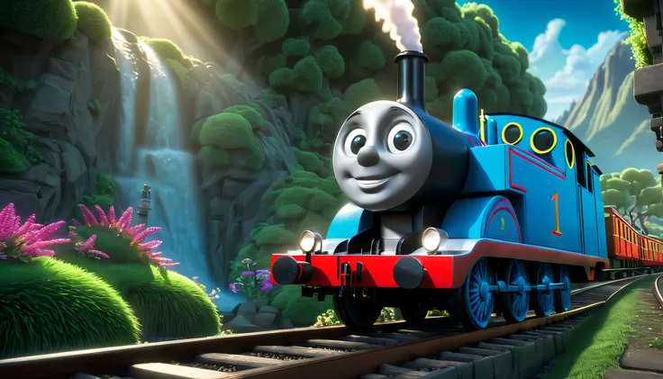 In a fantastical world of enchantment and wonder, Famous Cartoon Thomas & Friends, (Thomas the train:1.3) and his friends are brought to life with mesmerizing luminosity and bioluminescent hues, their intricate details and symmetrical beauty showcasing the...