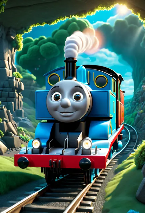 In a fantastical world of enchantment and wonder, Famous Cartoon Thomas & Friends, (Thomas the train:1.3) and his friends are brought to life with mesmerizing luminosity and bioluminescent hues, their intricate details and symmetrical beauty showcasing the...