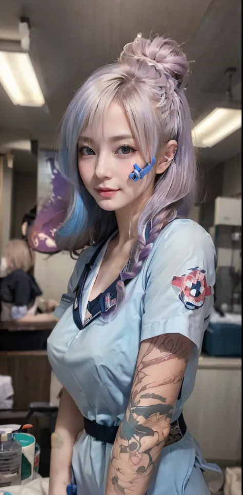 Sexy and very beautiful cute face、shiny beautiful skin、White beautiful skin、Beautiful pale light blue eyes, Beautiful very long blonde hair、(blondehair:1.3)、Lots of sexy bangs、18 years old cute little face beautiful girl、Nurse Uniform Cosplay、(White nurse ...