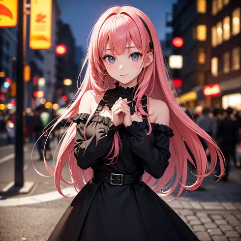 (​masterpiece、top-quality)、Put your hands under your chin、Black Dress、Blurred foreground,Gogeta,17 years old girl,Wearing modern clothes,Beautiful eyes and face,Cool hairstyle, Semi-long hair with bangs on the face, A pink-haired, Childhood expressions,Con...