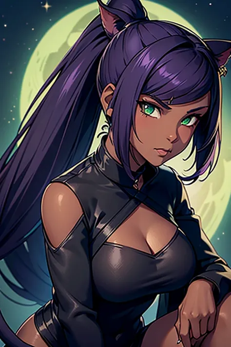 1girl, Miqote Final Fantasy 14, Reaper Job, Dark Pants, Dark top, Scythe (weapon) , Black and Purple Hair, Green eyes, Ponytail, Darker Skin Tone, cat tail; Portrait, in space,