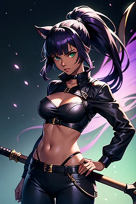 1girl, Miqote Final Fantasy 14, Reaper Job, Dark Pants, Dark top, Scythe (weapon) , Black and Purple Hair, Green eyes, Ponytail, Darker Skin Tone, cat tail; Portrait, in space,