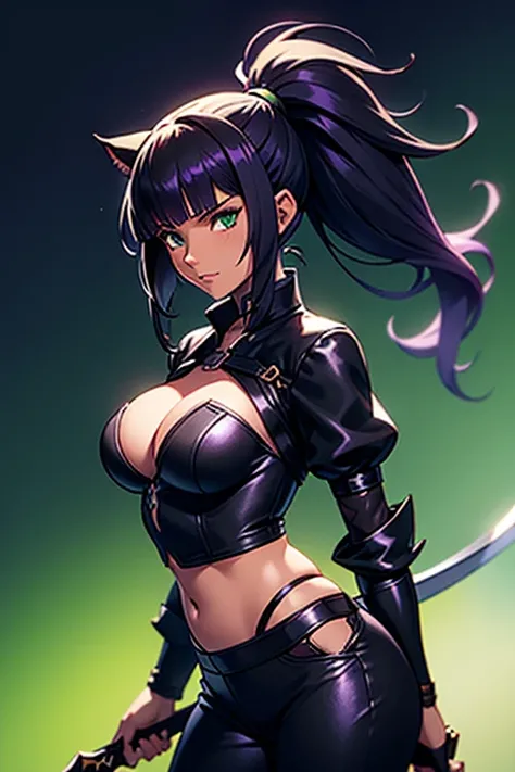 1girl, Miqote Final Fantasy 14, Reaper Job, Dark Pants, Dark top, Scythe (weapon) , Black and Purple Hair, Green eyes, Ponytail, Darker Skin Tone, cat tail; Portrait, in space,