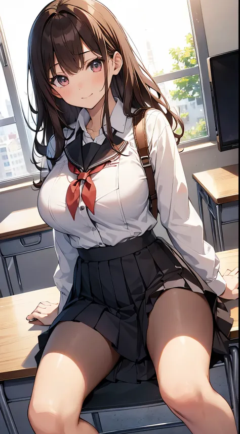 masutepiece,Best Quality,ultra-detailliert,8K,tall,Big female,huge-breasted,年轻,18 years old,Medium Hair,Wavy Hair,Brown hair,hair clips,lightsmile,blush,tusk, POV, Fisheye,(Panties:1.1), School uniform, crass room, From below, Dynamic Angle, School Desk, s...