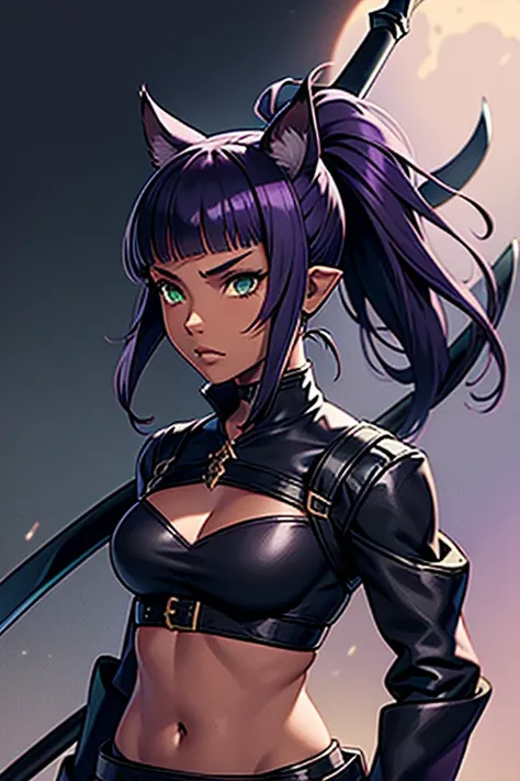 1girl, Miqote Final Fantasy 14, Reaper Job, Dark Pants, Dark crop Top,  Scythe (weapon) , Black and Purple Hair, Green eyes, Ponytail, Darker Skin Tone, cat tail; no human ears,  Portrait, in space,