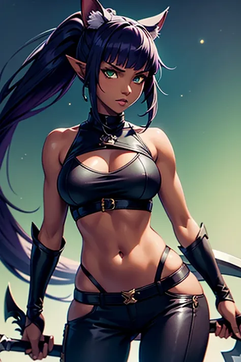 1girl, Miqote Final Fantasy 14, Reaper Job, Dark Pants, Dark crop Top,  Scythe (weapon) , Black and Purple Hair, Green eyes, Ponytail, Darker Skin Tone, cat tail; no human ears,  Portrait, in space,