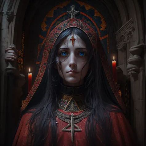 Monja de sangre,oscuro y tetrico ambiente,iglesia vieja con cristaleras biblicas,mujer hermosa con ojos rojos y penetrantes,1mujer rodeada de espiritus etereos,oscuridad eterna y profunda,fantasmas penitentes,grupo de espiritus humanoides