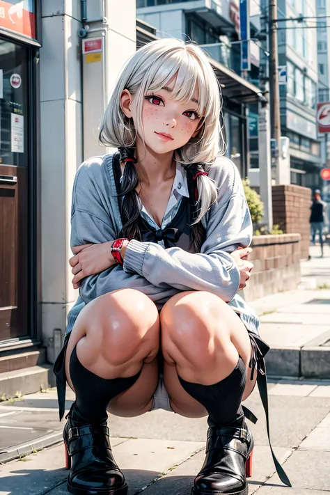 Asian woman in alafe sitting on the ground with legs crossed, pretty face with arms and legs, mature, chiho, young and cute girl, the anime girl is crouching, Round thighs, Casual pose, Young Pretty Gravure Idol, white hair, red eyes, freckles, pigtails, m...