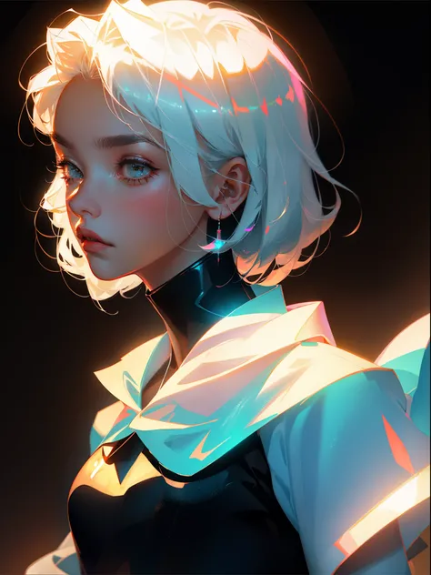 Highest quality,The perfect masterpiece,Perfect artwork,8K,
(Upper Body Portrait:1.5),(((Seen from the side:1.2))),close-up lens,Delicate face,
White-haired girl,(hakuhatsu:1.3),short and medium hair,(Black background:1.3),
pearl illusion,Cyberpunk,fashion...