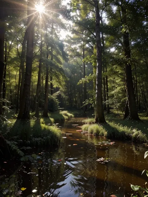 detailed image of a swamp, in the middle of a forest, the sunlight passes through the treetops, giving an air of mystery to the image