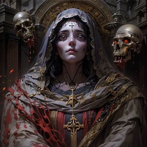 monja de sangre,oscuro y tetrico ambiente,iglesia vieja con cristaleras biblicas,mujer hermosa con ojos rojos y penetrantes,1muj...