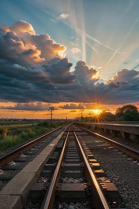 beautiful evening sky , sun ray , clouds , vivid colors , rail way , calm nature , city