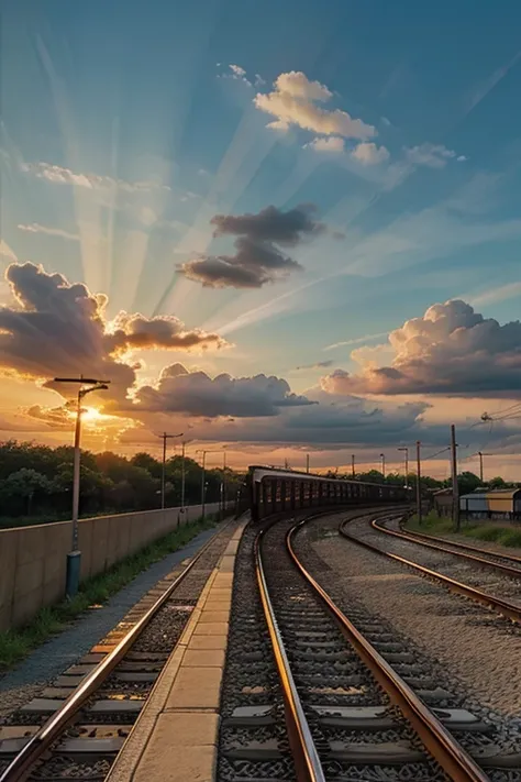 beautiful evening sky , sun ray , clouds , vivid colors , rail way , calm nature , city