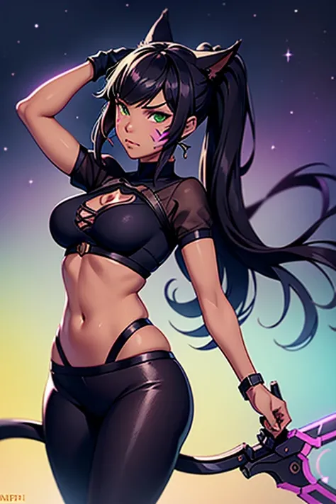 1girl, Miqote Final Fantasy 14, Reaper Job, Dark Pants, Dark top, Scythe (weapon) , Black Hair, Purple ; highlights; Green eyes, Side Ponytail , Darker Skin Tone, cat tail; No Ears; facial Marks(D.va Overwatch) Portrait, in space,