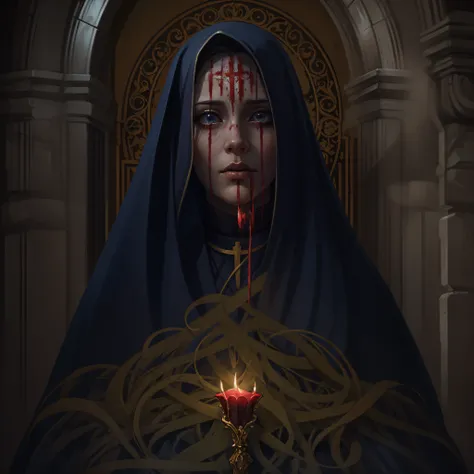 Monja de sangre,oscuro y tetrico ambiente,iglesia vieja con cristaleras biblicas,mujer hermosa con ojos rojos y penetrantes,1mujer rodeada de espiritus etereos,oscuridad eterna y profunda,fantasmas penitentes,grupo de espiritus humanoides