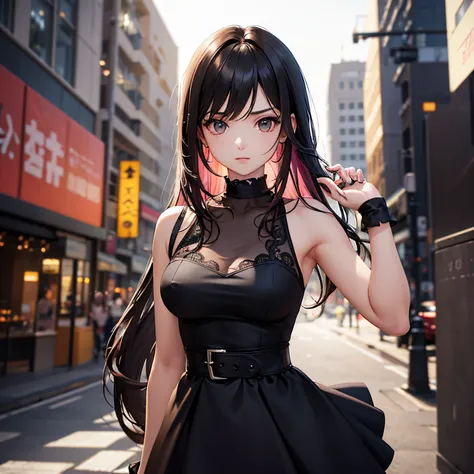 (​masterpiece、top-quality)、Black Dress、Blurred foreground,Gogeta,17 years old girl,Wearing modern clothes,Beautiful eyes and face,Cool hairstyle, Semi-long hair with bangs on the face, A pink-haired, Childhood expressions,Confident poses,starryskybackgroun...