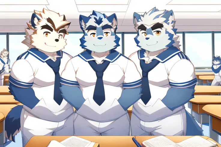 Hominidae, Photo pose. 4K, A high resolution, Best quality, posted on e621, (Two anthropomorphic blue wolves:1.2), male people, 20yr old, Thick eyebrows, light blue furs, extra very short hair, shaggy, Strong body, large pecs, ((White student uniform)), th...