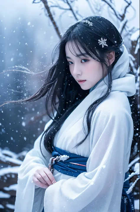 An enchanting and ethereal illustration of a Yuki-Onna, a character from Japanese folklore, set against a snowy mountain backdrop with a blizzard swirling around. She has long, flowing silver hair that glistens in the icy environment, complementing her pal...