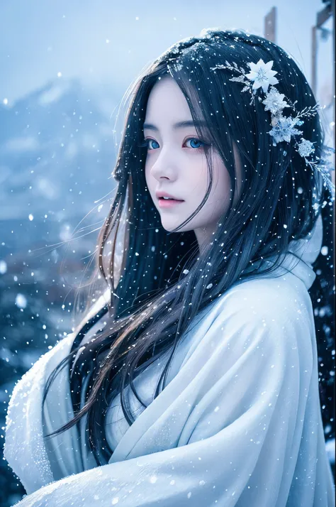 An enchanting and ethereal illustration of a Yuki-Onna, a character from Japanese folklore, set against a snowy mountain backdrop with a blizzard swirling around. She has long, flowing silver hair that glistens in the icy environment, complementing her pal...