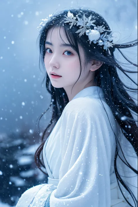 An enchanting and ethereal illustration of a Yuki-Onna, a character from Japanese folklore, set against a snowy mountain backdrop with a blizzard swirling around. She has long, flowing silver hair that glistens in the icy environment, complementing her pal...