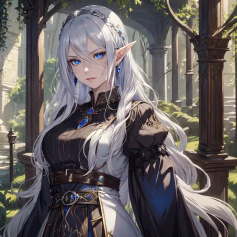 masterpiece, best quality, 1girl, adult, female focus, solo, silver hair, vibrant blue eyes, looking at viewer, closed mouth, Fantasy aesthetics, fantasy earring, Highly detailed, shadowverse style, elf ear, elf, demonic attire, pale skin