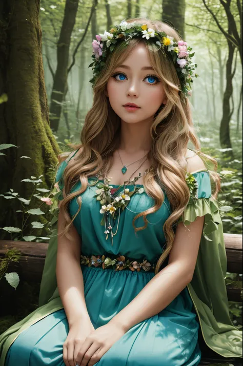 A girl, 35 years old, sitting on a bench in a forest with flowers, fey queen of the summer forest, goddess of the forest, forest fairy, goddess of nature, forest fae, queen of the forest, queen of nature, goddess of spring, a maid in a magical forest, fore...