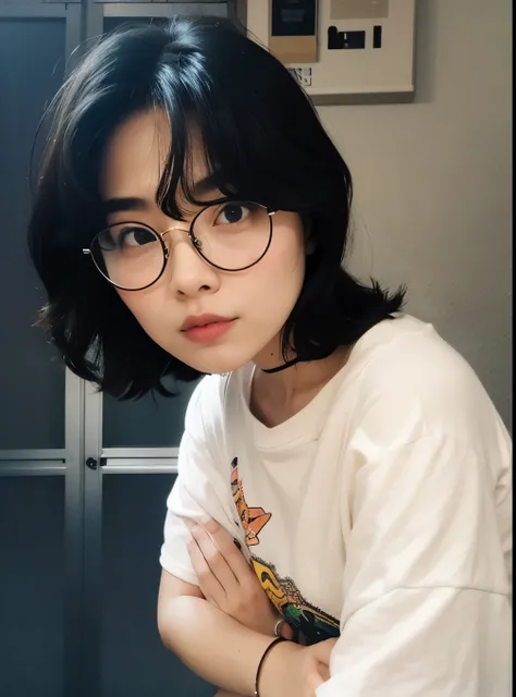 there is a woman with glasses sitting in a chair, wearing small round glasses, wearing thin large round glasses, com cabelos curtos, girl wearing round glasses, With eye Glasses, with square glasses, wearing round glasses, thick glasses, Ulzzang, Thick gla...